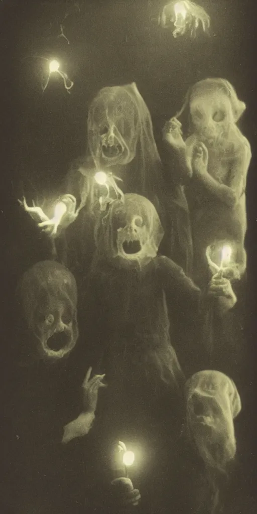 Image similar to spirit photography with glowing bulbous ectoplasm, scary reed people, sleep paralysis demon, 1 9 0 0 s, slimer, mourning family, invoke fear and dread, old photograph, daguerreotype