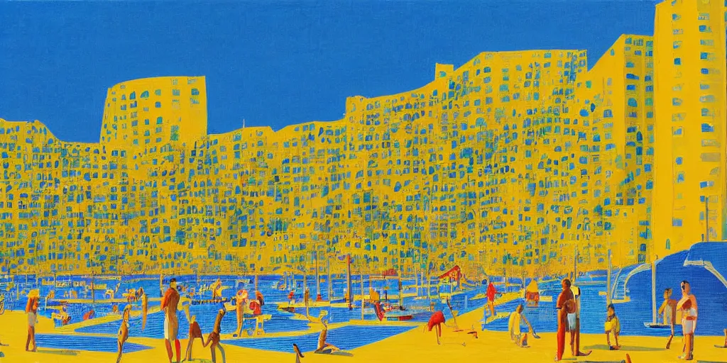 Prompt: sacaba beach in malaga with enormous yellow buildings by david hockney, detailed