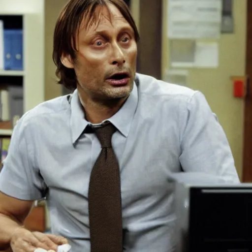 Prompt: Mads Mikkelsen in The Office US, deadpan shot, funny, sitcom