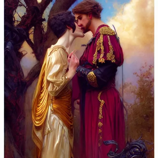 Image similar to attractive fully clothed king confesses his love for his attractive fully clothed male prince. highly detailed painting by gaston bussiere, tom bagshaw, j. c. leyendecker