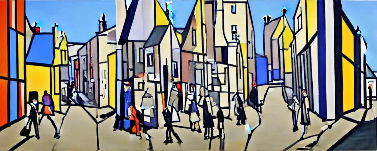 Image similar to a painting of street life in kirkwall orkney, by Bridget Riley