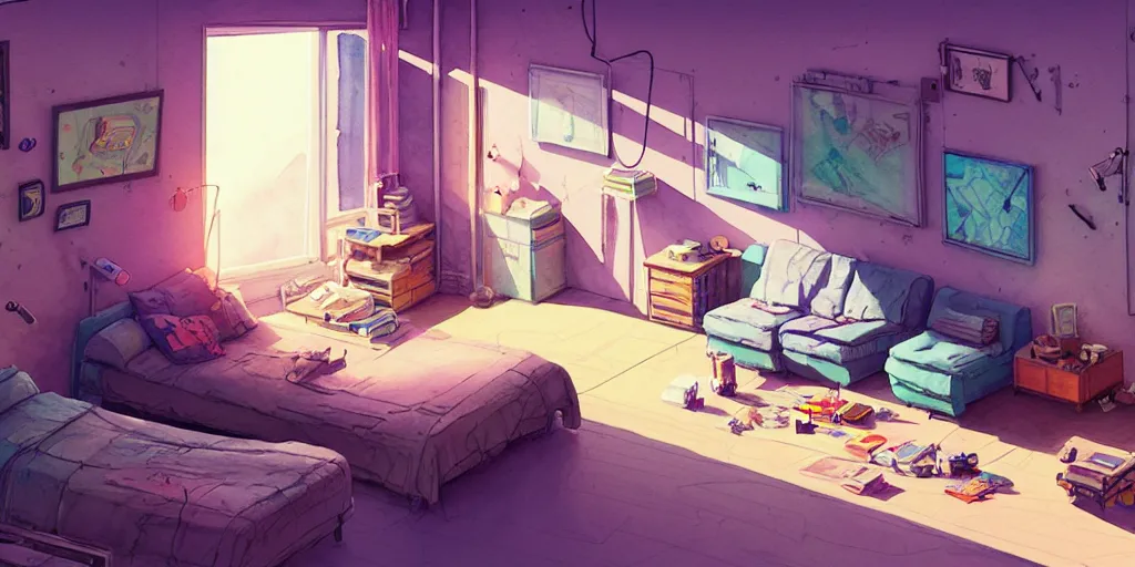 Prompt: room in the canyons, the room is messy and unorganized, bed is not made, trinkets and books everywhere, detailed, artstation, 8 k, sci - fi, pastel colors, props, panel, concept, simon stalenhag, in watercolor gouache detailed paintings, moebius, blueprint, building, living room, detailed, posters, sofa