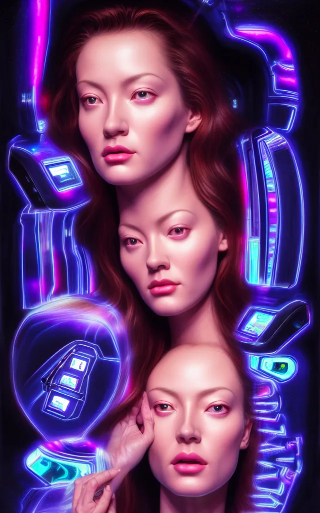 Image similar to beauty woman in holograms of alien artifacts, electrical case display, total recall tech, , ultrarealistic, dramatic lighting, electrical details, high details, 4k, 8k, best, accurate, trending on artstation, artstation, photorealism, ultrarealistic, digital painting, style of Tristan Eaton Stanley Artgerm and Hajime Sorayama, Caravaggio, Boris Vallejo