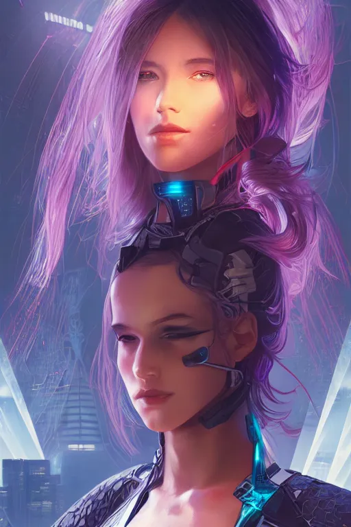 Image similar to portrait futuristic Cyber warrior Girl, in future cyberpunk tokyo rooftop , ssci-fi, fantasy, intricate, very very beautiful, elegant, neon light, highly detailed, digital painting, artstation, concept art, smooth, sharp focus, illustration, art by alphonse mucha and tian zi and WLOP