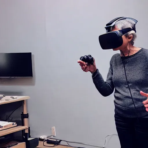 Image similar to very old woman with vive trackers and vr headset recording mocap