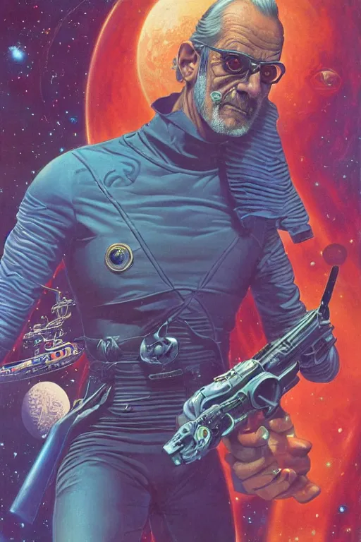 Image similar to Christopher Lloyd is a space pirate, science fiction, retro cover, high details, intricate details, by vincent di fate, artgerm julie bell beeple, 60s, inking, vintage 60s print, screen print