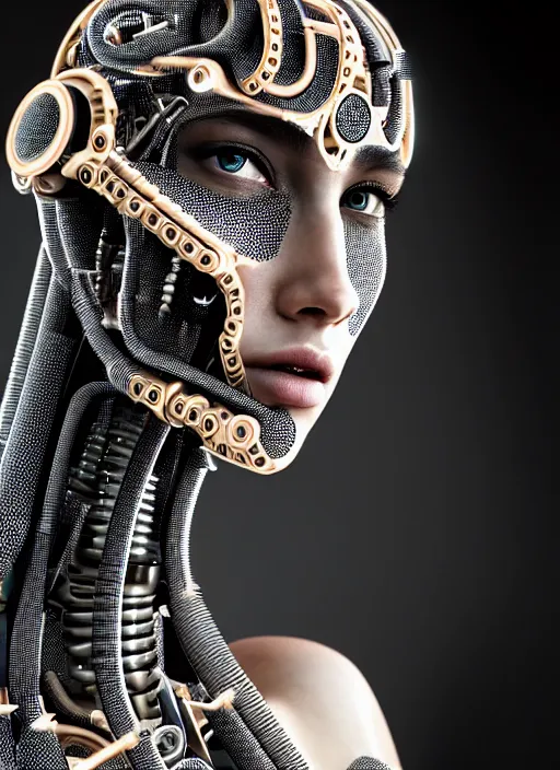 Image similar to a stunning young female cyborg profile face, face is made intricate tribal bio - mechanical, unreal engine, glamor shot, nikon d 7 5 0, closeup, f / 2. 8, low contrast, 1 6 k, rim lighting, optical fiber, cinematic lighting, insanely detailed and intricate, hypermaximalist, elegant, ornate, hyper realistic,