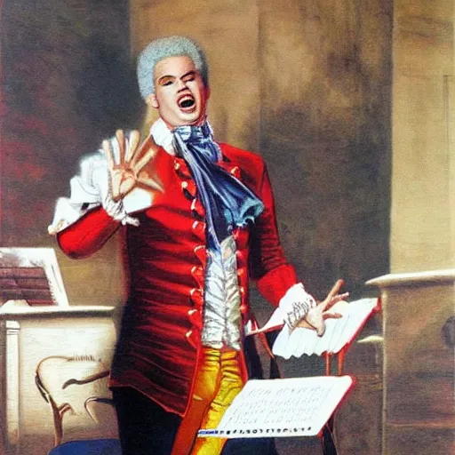 Prompt: Falco singer performing the song amadeus. Epic painting by James Gurney and Belén Ortega.