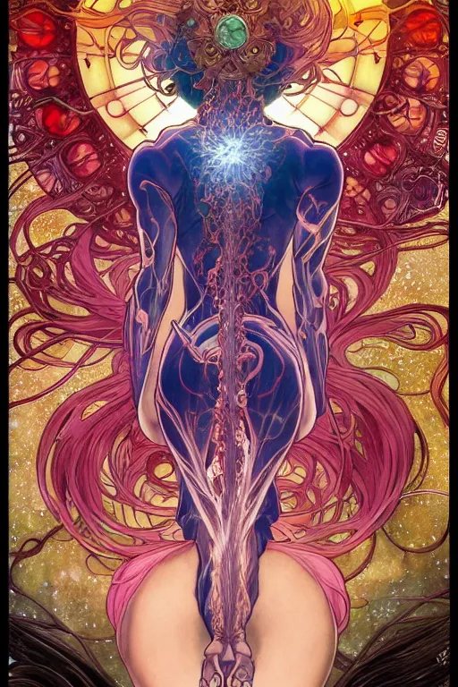 Image similar to chakras, by artgerm and yoshitaka amano and moebius and alphonse mucha, hyperdetailed, dc comics, ornate, nebula, explosions in the sky, trending on artstation