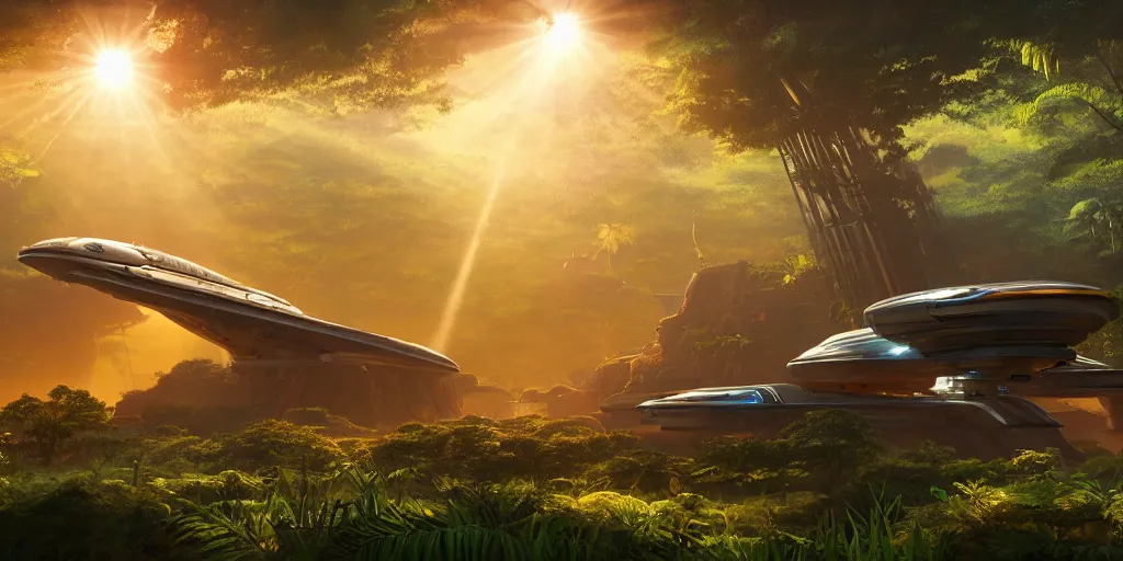 Image similar to a futuristic rusty old spaceship, on a landing pad, surrounded by a lush jungle, in the foreground two explorers are having a conversation, golden hour, sun beams, volumetric light, hyperdetailed, artstation, cgsociety, 8k