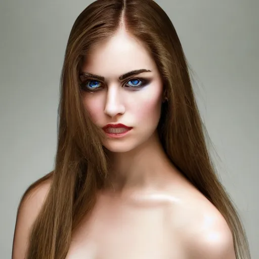 Image similar to her eyebrows were a shade darker than her hair. they were thick and almost horizontal, emphasizing the depth of her eyes. her face was captivating by reason of a certain frankness of expression and a contradictory subtle play of features. her manner was engaging. blue eyes, full body shot, walking on a fashion runway, 8 k,