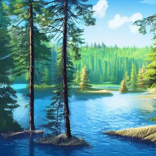 Image similar to lake of clear blue waters woodlot beside a cabin, felix Kelly, digital art, artstation