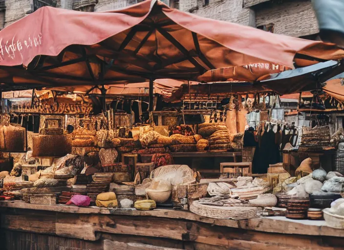 Image similar to eyelevel view of a medieval german marketplace, selling various food, cloth, and utensil items, trending on unsplash, 4 k photorealism, intricate