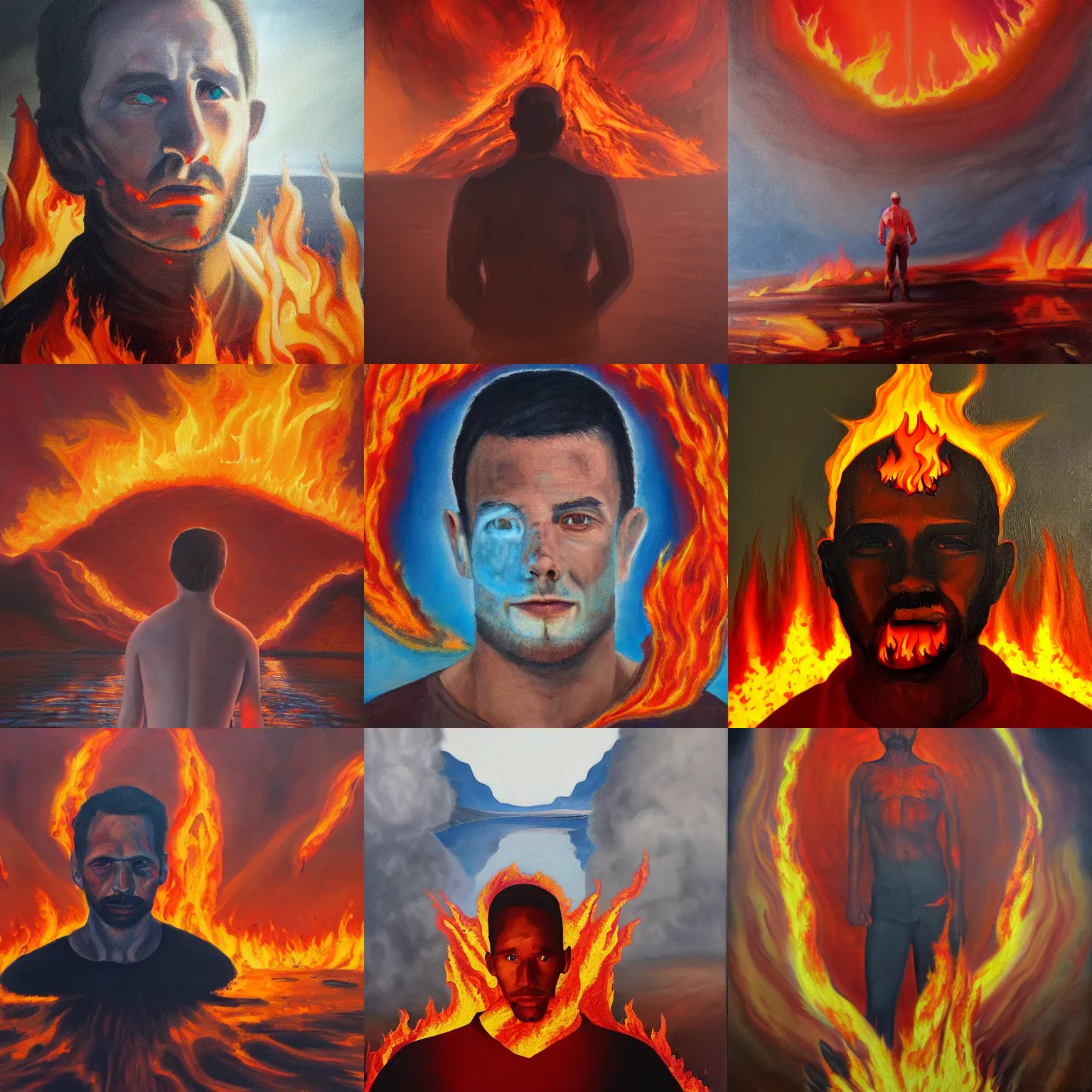 Prompt: portrait of a man in a lake of fire, surrounded by burning mountains, oil on canvas trending on artstation