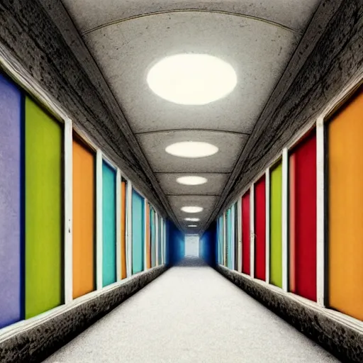 Image similar to a long colorful asylum hallway, one point perspective, vanishing point, symmetrical composition, rich colors, dramatic lighting, by lee madgwick, photorealistic, v - ray render 8 k uhd