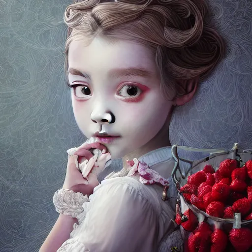 Image similar to the portrait of the absurdly beautiful, graceful, elegant, sophisticated, fashionable little girl made of strawberries and white petals looking down, an ultrafine hyperdetailed illustration by kim jung gi, irakli nadar, intricate linework, bright colors, octopath traveler, final fantasy, unreal engine 5 highly rendered, global illumination, radiant light, detailed and intricate environment