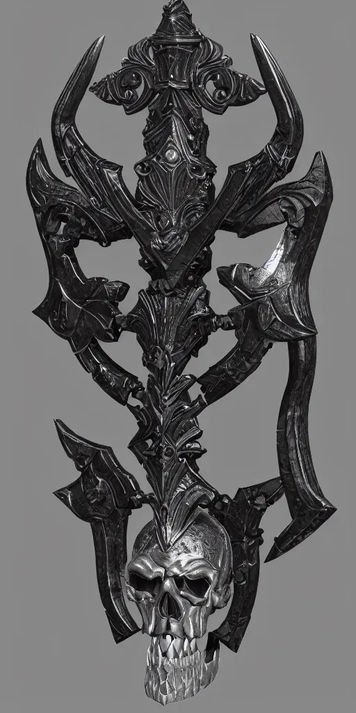 Prompt: a black and silver axe skull crest, ornament, weapon, render by dom qwe, trending on polycount, artstation, hard surface modeling