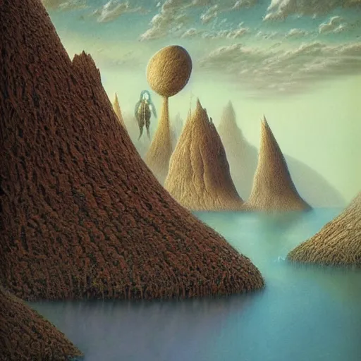 Image similar to artistic digital artwork of an epic natural scene on an alien planet. beautiful landscape by vincent bons, michael whelan, remedios varo and gerardo dottori. grainy and rough. interesting pastel colour palette. beautiful light. oil and water colour based on high quality render.