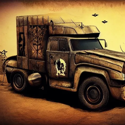 Image similar to rhinoceros as a truck in the style of mad max