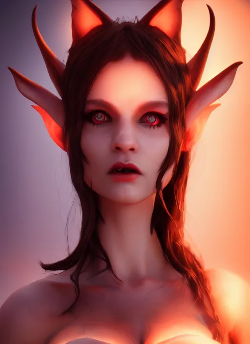 Image similar to imp demon goddess, cute elf ears, strapless dress, character portrait in the style of thomas river and artgerm, cinematic lighting, hyperdetailed, 8 k realistic, symmetrical, global illumination, radiant light,, frostbite 3 engine, cryengine, dof, trending on artstation, digital art, chanel