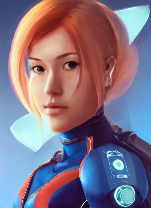 Prompt: beautiful portrait of a stunning pilot who looks like Zero Suit Samus , character design by Ross Tran, detailed, soft lighting