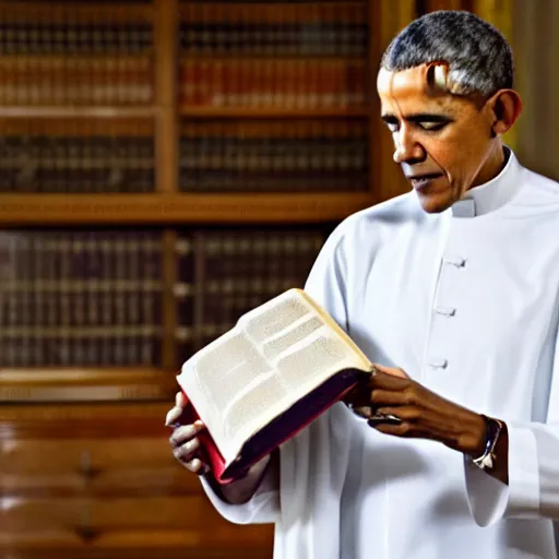 Image similar to barack obama in a priest's vestaments with a copy of the bible in hand