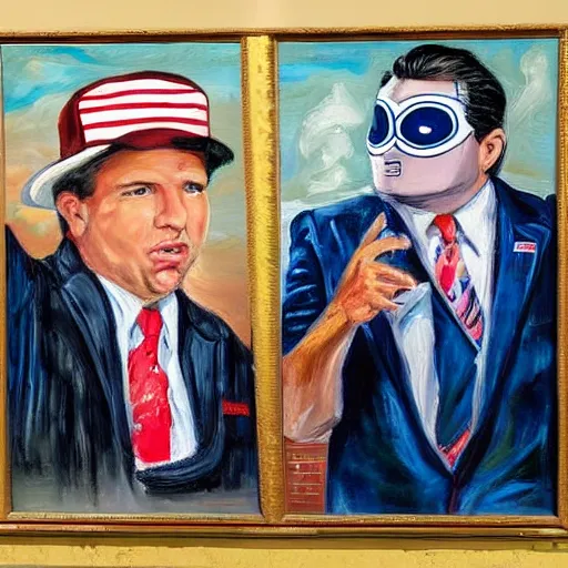 Image similar to ron desantis and ted cruz held hostage by columbian cartels, american shot, realistic painting