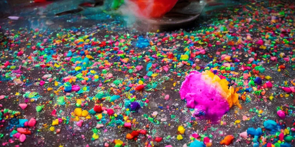 Prompt: close - up action shot of a huge messy colorful puddle of runny rainbow sherbet on the floor of a abandoned ice cream parlor comes to life, the sherbet raises to stand in the shape of a evil clown with sharp scary fangs attacking. a legion of giant evil gummy bares are behind.