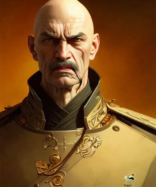 Prompt: a very angry bald general, portrait, intricate, elegant, highly detailed, digital painting, artstation, concept art, smooth, sharp focus, illustration, art by artgerm and greg rutkowski and alphonse mucha