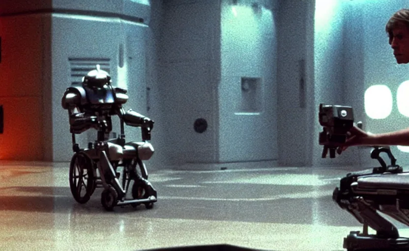 Prompt: cinematic still image screenshot portrait luke skywalker in cybernetic wheel chair talking to a lonely droid, from the tv show on disney + anamorphic lens, photo 3 5 mm film kodak from empire strikes back crisp 4 k imax