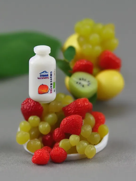 Image similar to 3 5 mm detailed miniature diorama of plastic yogurt bottle filled with fruits