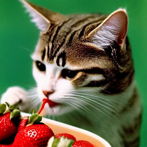 Image similar to 1 9 5 0 s kodachrome photograph of a cat eating strawberries. close up