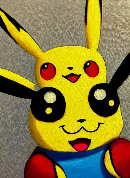 Prompt: an oil painting of pokemon pikachu smiling