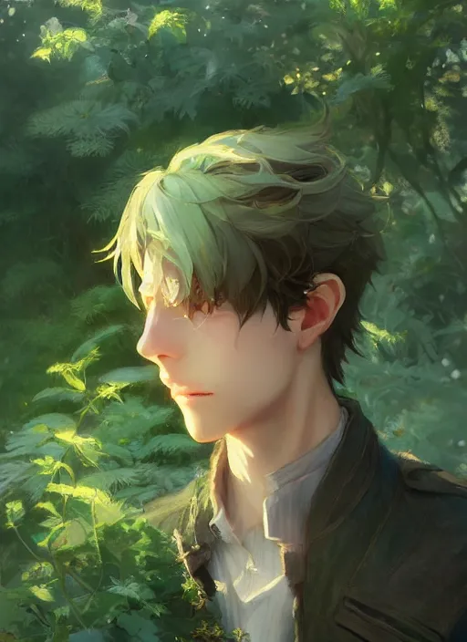 Prompt: a portrait of the male emerald herald in the garden, intricate, tone mapped, ambient lighting, highly detailed, digital painting, artstation, concept art, sharp focus, by makoto shinkai and akihiko yoshida and hidari and wlop