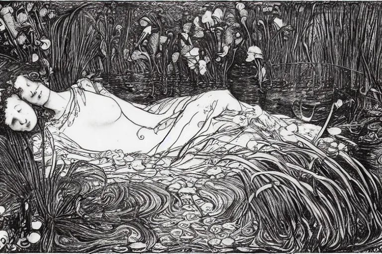 Image similar to ophelia by john everett millais, floating in the water, surrounded by water reeds and flowers, illustrated in the style of aubrey beardsley, black ink, decadent, intricate line art