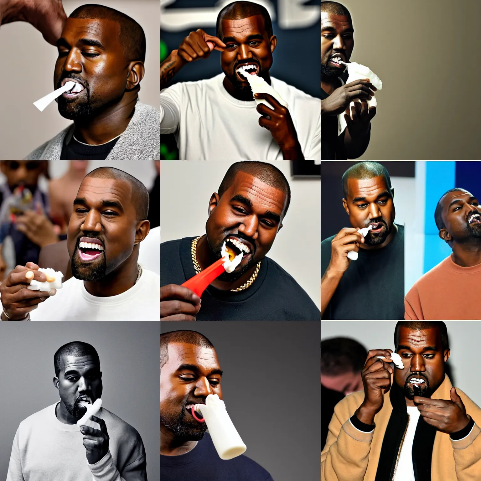 Prompt: kanye west squeezing a tube of toothpaste into his mouth