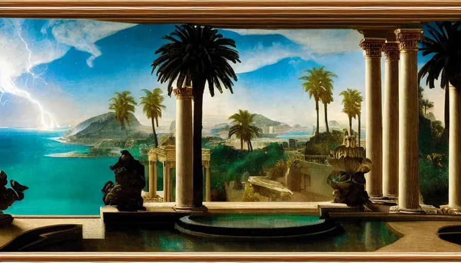Image similar to From inside the balcony of the giant Palace, mediterranean balustrade and columns, refracted lines and sparkles, thunderstorm, greek pool, beach and Tropical vegetation on the background major arcana sky and occult symbols, by paul delaroche, hyperrealistic 4k uhd, award-winning, very detailed paradise