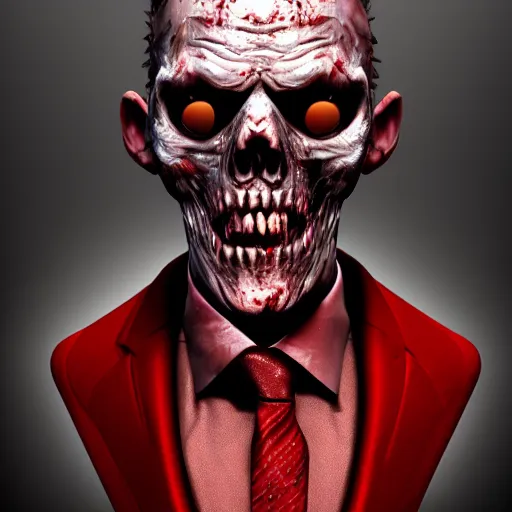 Prompt: highly detailed zombie with half his head brain out of the skull one falling eye no jaw dirty shredded clothes black suit red tie, highly detailed, centered, realism, provided by unreal engine, artstation, art, 1 9 5 0's photography, kodak, canon