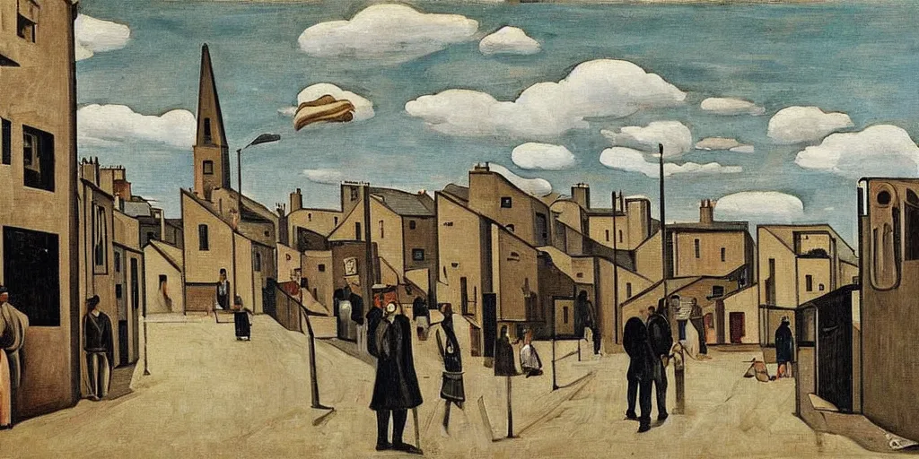 Image similar to a painting of street life in kirkwall, orkney, people,houses, by Giorgio de Chirico