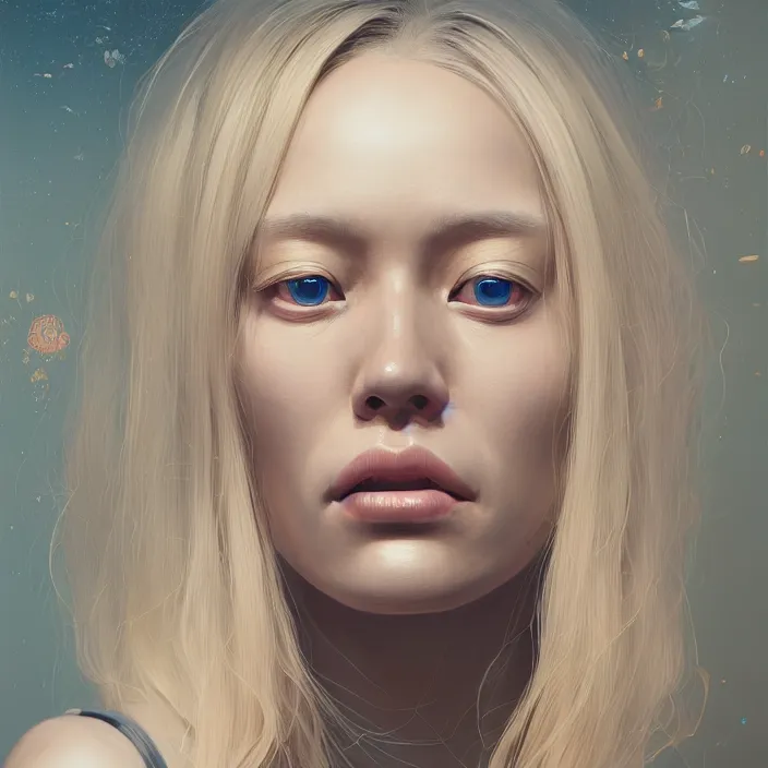 Prompt: portrait of a shy blond woman. intricate abstract. intricate artwork. by Tooth Wu, wlop, beeple, dan mumford. octane render, trending on artstation, greg rutkowski very coherent symmetrical artwork. cinematic, hyper realism, high detail, octane render, 8k, chrome accents