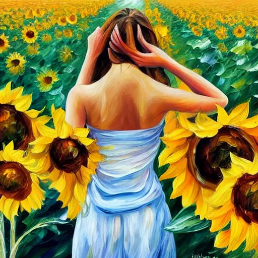 Image similar to a girl in amazing tall sunflower field, her hair flowing down, subtle, intricate details, real masterpiece, oil on canvas, by leonid afremov