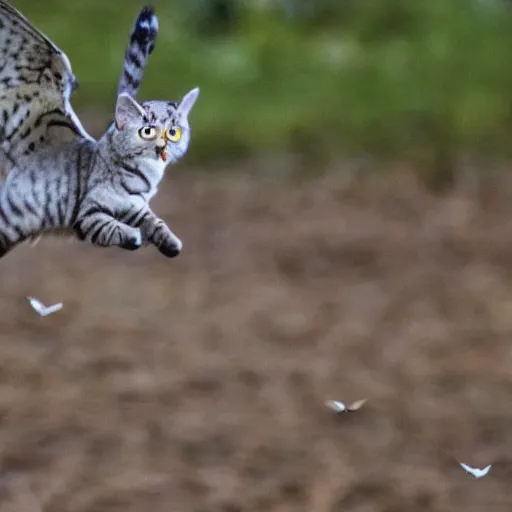 Image similar to cat and owl hybrid in flight