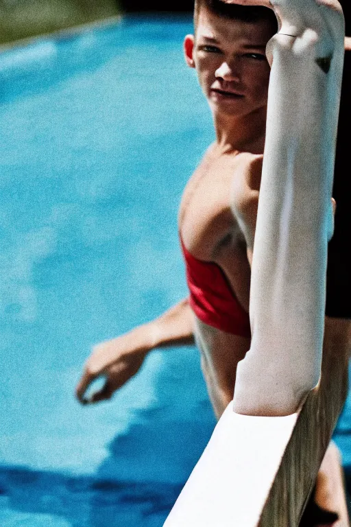 Prompt: close up still shot of jacob lofland standing on the diving board, summer olympics footage, 3 5 mm, highly detailed, color photo, dynamic lighting, subject centered in photo, octane render