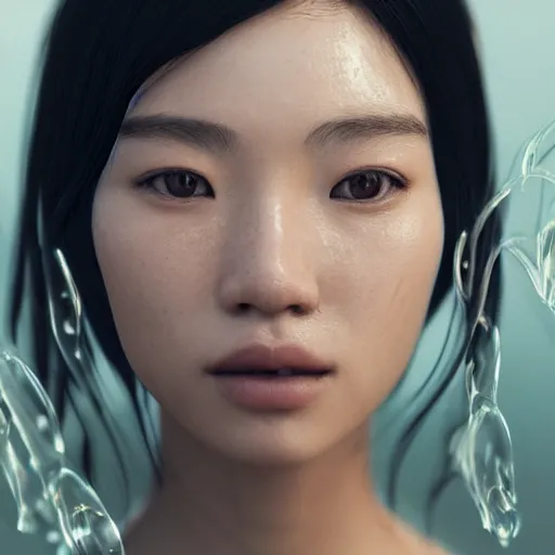 Image similar to intricate highly detailed face portrait of asian - european woman, light mint transparent water vines on her face, intricate, cgsociety, unreal engine, octane render, sharp focus, smooth, volumetric lighting, cinematic composition, artstation c 1 0. 0