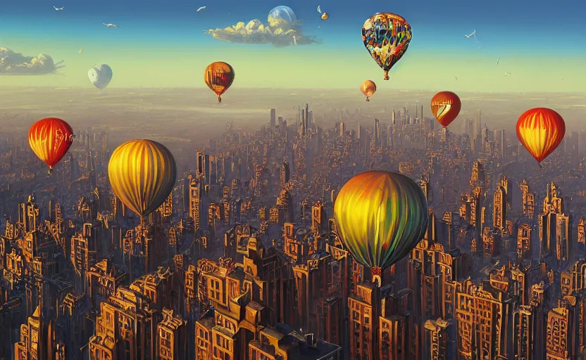 Image similar to hyperdetailed baloons made of liquid chrome floating over a cityscape at golden hour, by vladimir kush, by jeff koons, 8k resolution, realistic shadows, rendered in octane, hyperdetailed, meticulous, intricate