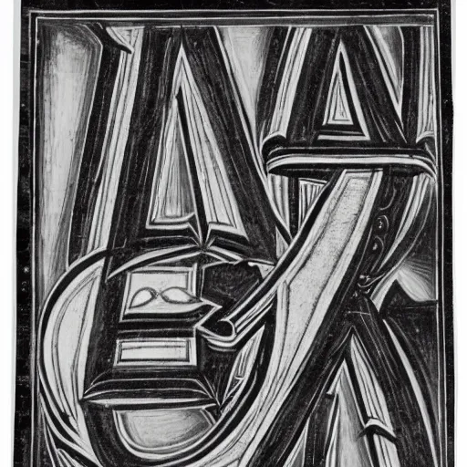 Prompt: a photo of a black and white manuscript illumination of the capital letter a