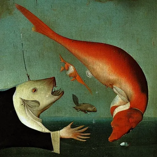 Image similar to two fishes talking to eachother in deep sea, art by hieronymus bosch