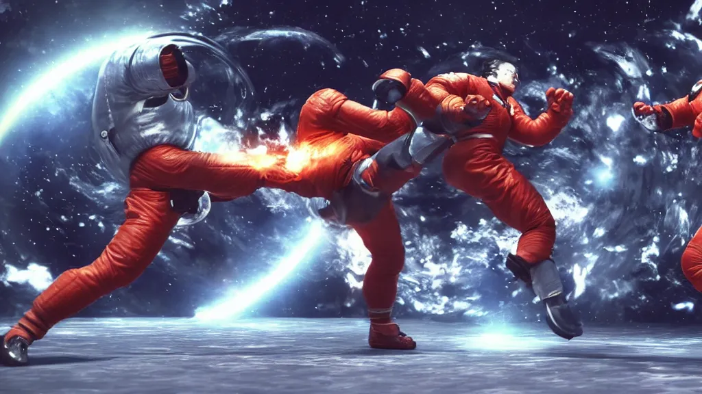 Image similar to an astonaut fighting a cosmonaut. VS fighting, videogame, unreal engine, octane render, 8k, 4k, tekken 3, tekken 2, street fighter, mortal kombat, side camera, life bars, win count, countdown, virtua fighter