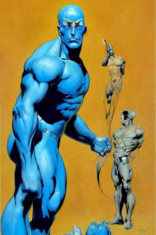 Prompt: painting by Frank Frazetta!!! of as Dr. Manhattan in Watchmen