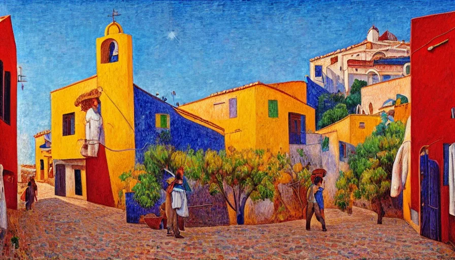 Prompt: a 1 9 9 8 southern spain town painted by arthur bispo do rosario, jules bastien - lepage, tarsila do amaral, frank weston and gustave baumann, trending on artstation, mediterranean, star, sharp focus, colorful refracted sparkles and lines, soft light, 8 k 4 k